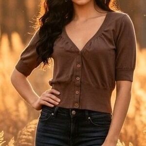 rue21 Brown Cropped Cardigan V-Neck Short Sleeve Button Up Top 90s Aesthetic XL